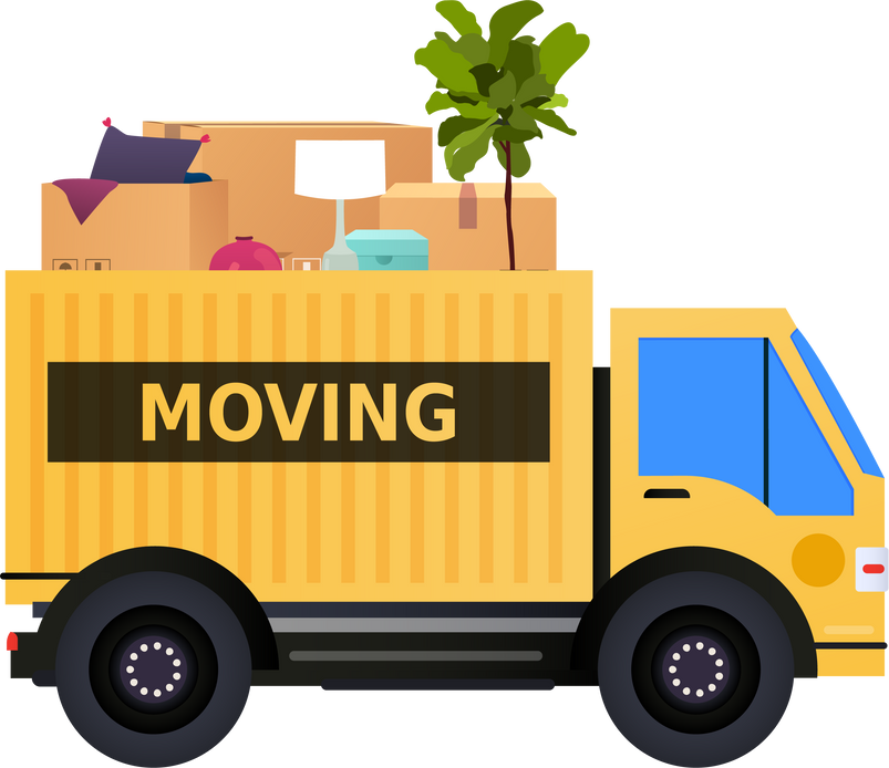 Moving truck and cardboard boxes.